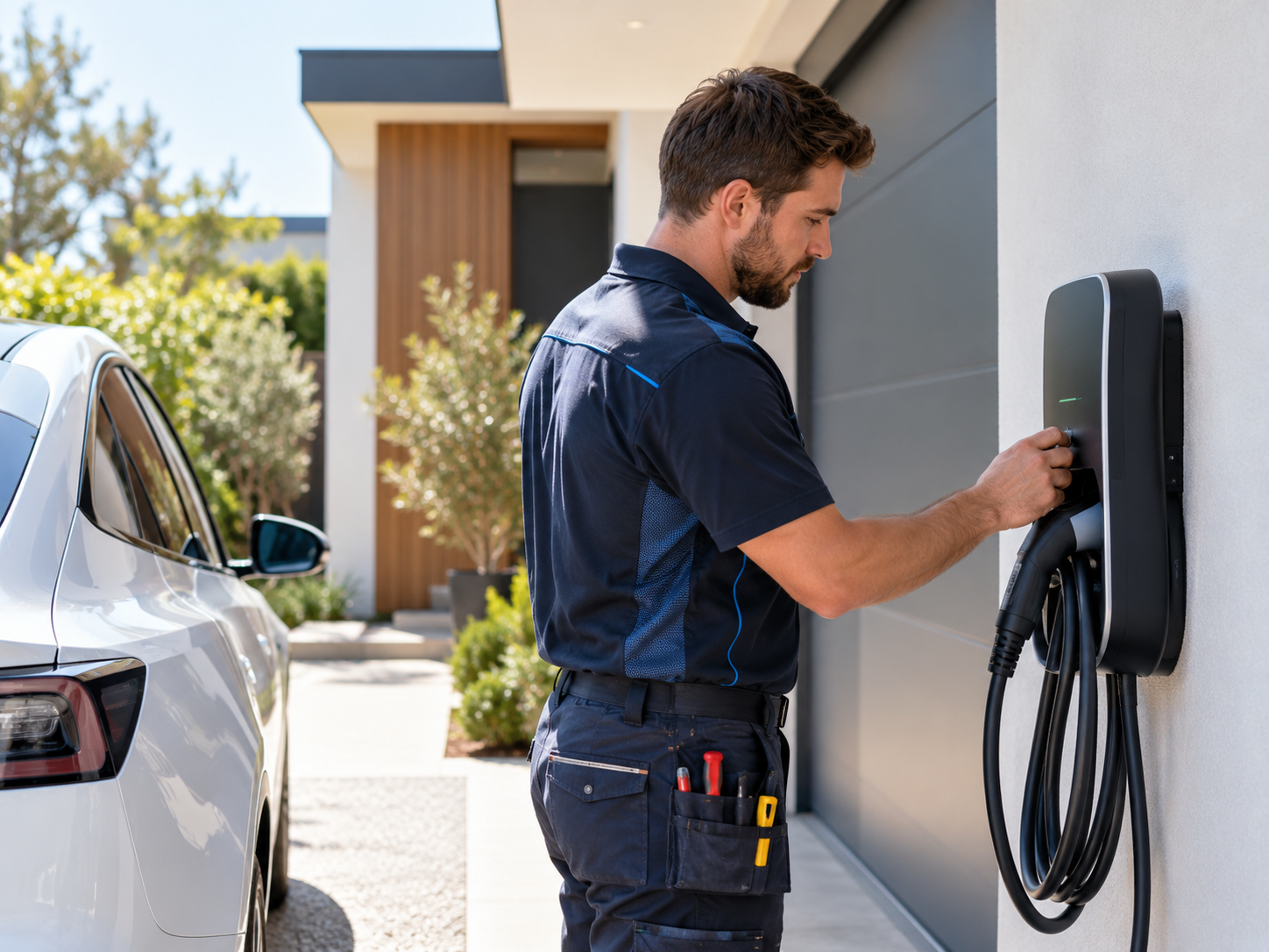 Electrician installing or servicing a home EV charger