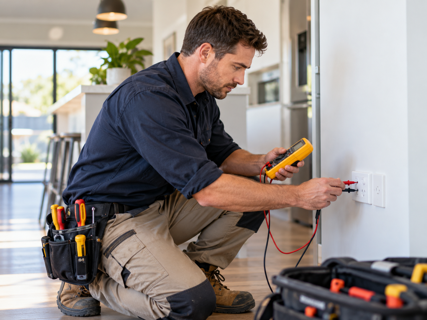 Electrician fault finding at a wall outlet with a multimeter