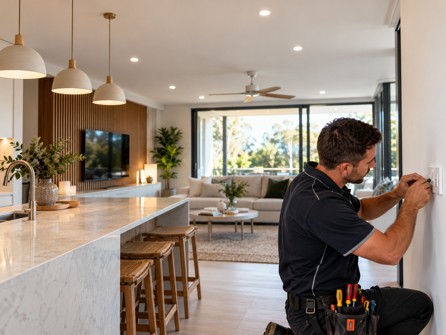 Electrician carrying out lighting and power work in a modern home