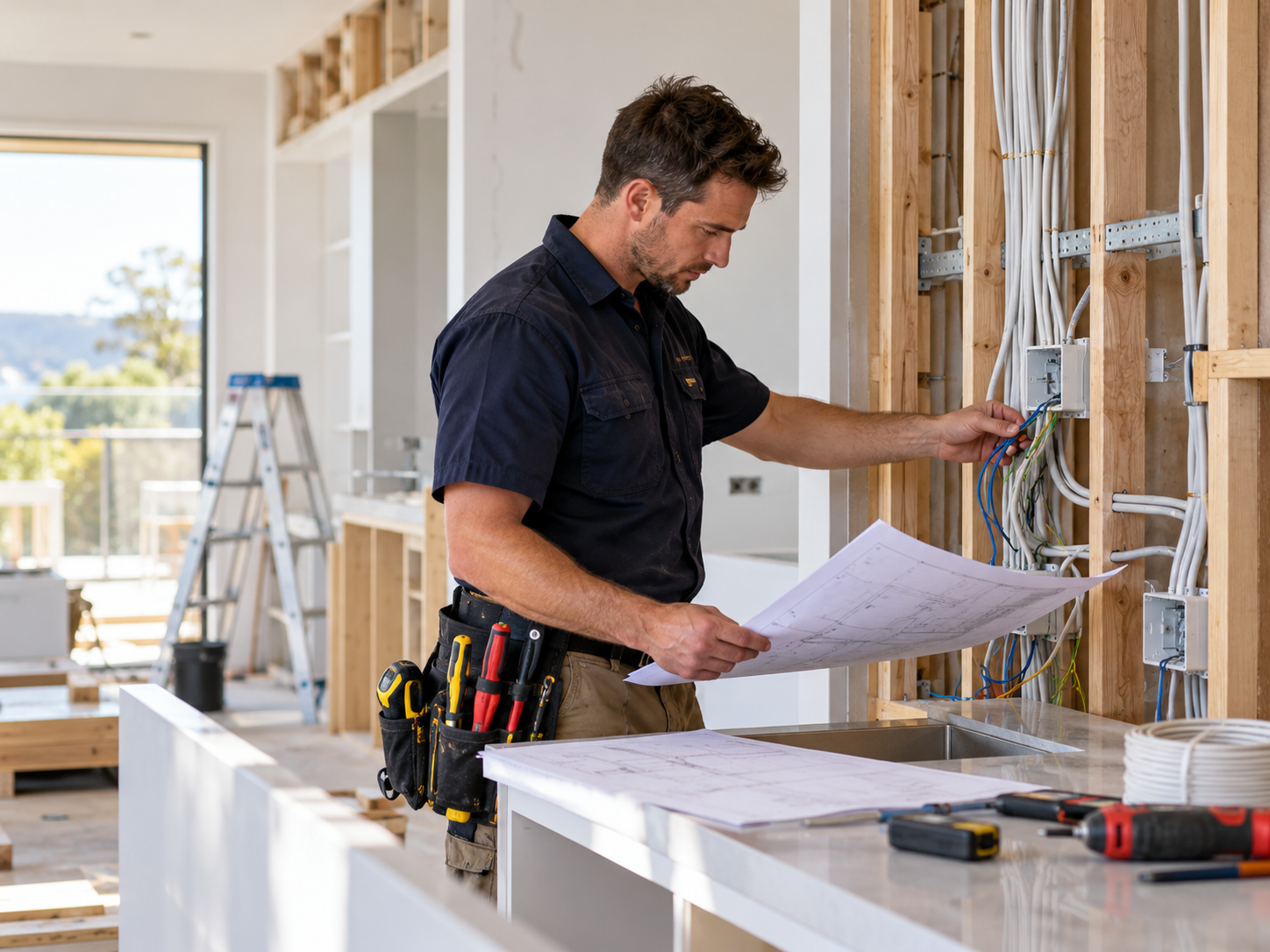 Electrician reviewing plans during a home renovation