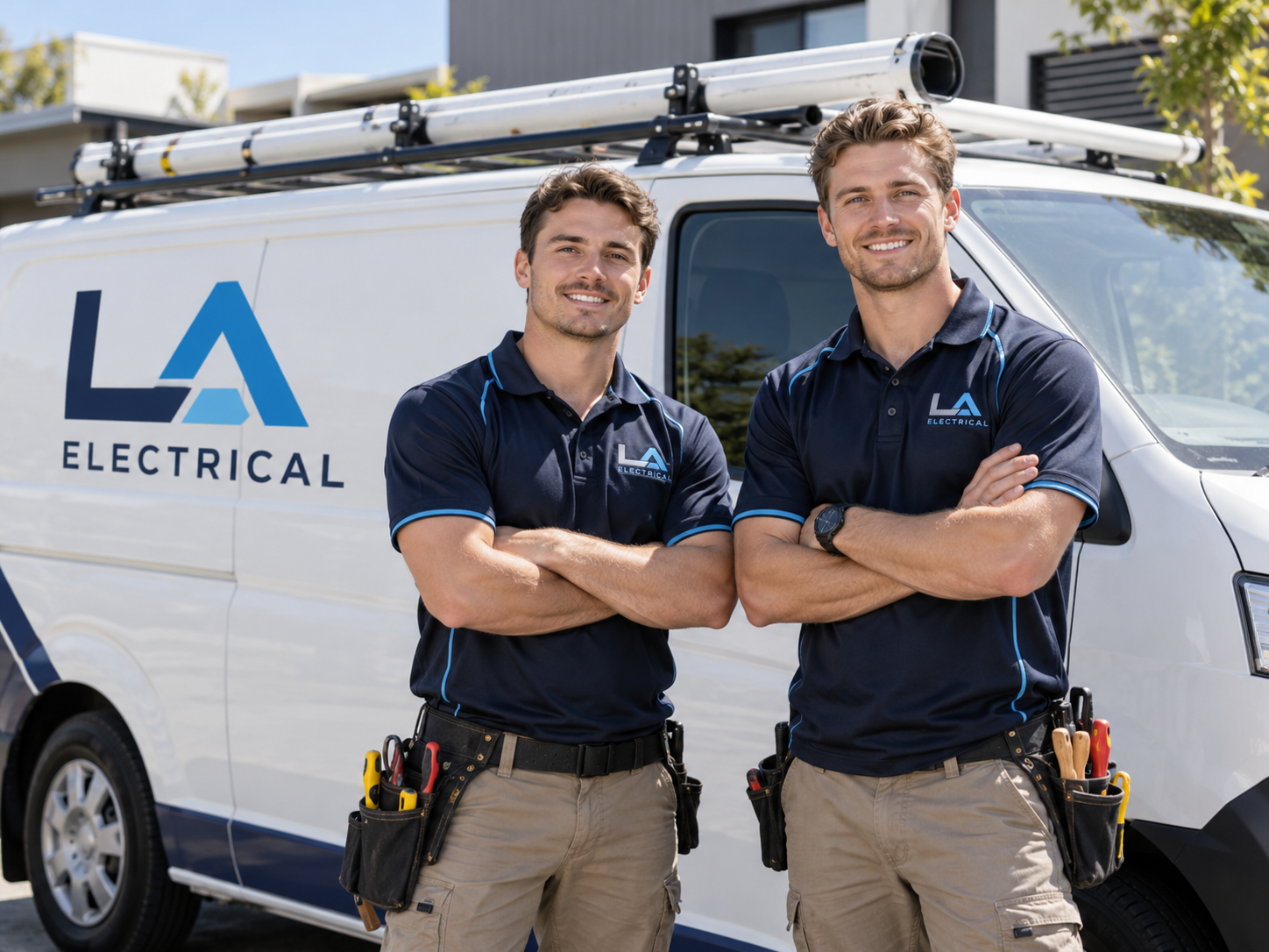 Two LA Electrical team members standing in front of the LA Electrical service van
